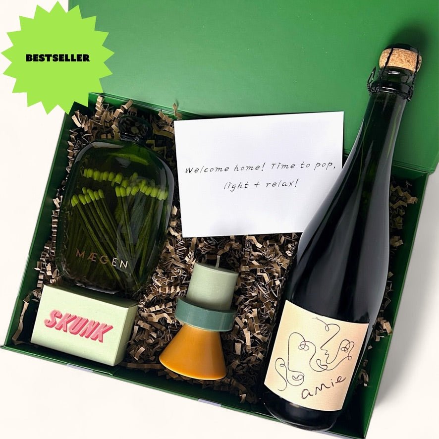 Ready to go gift box with wine, chocolate and scented candle