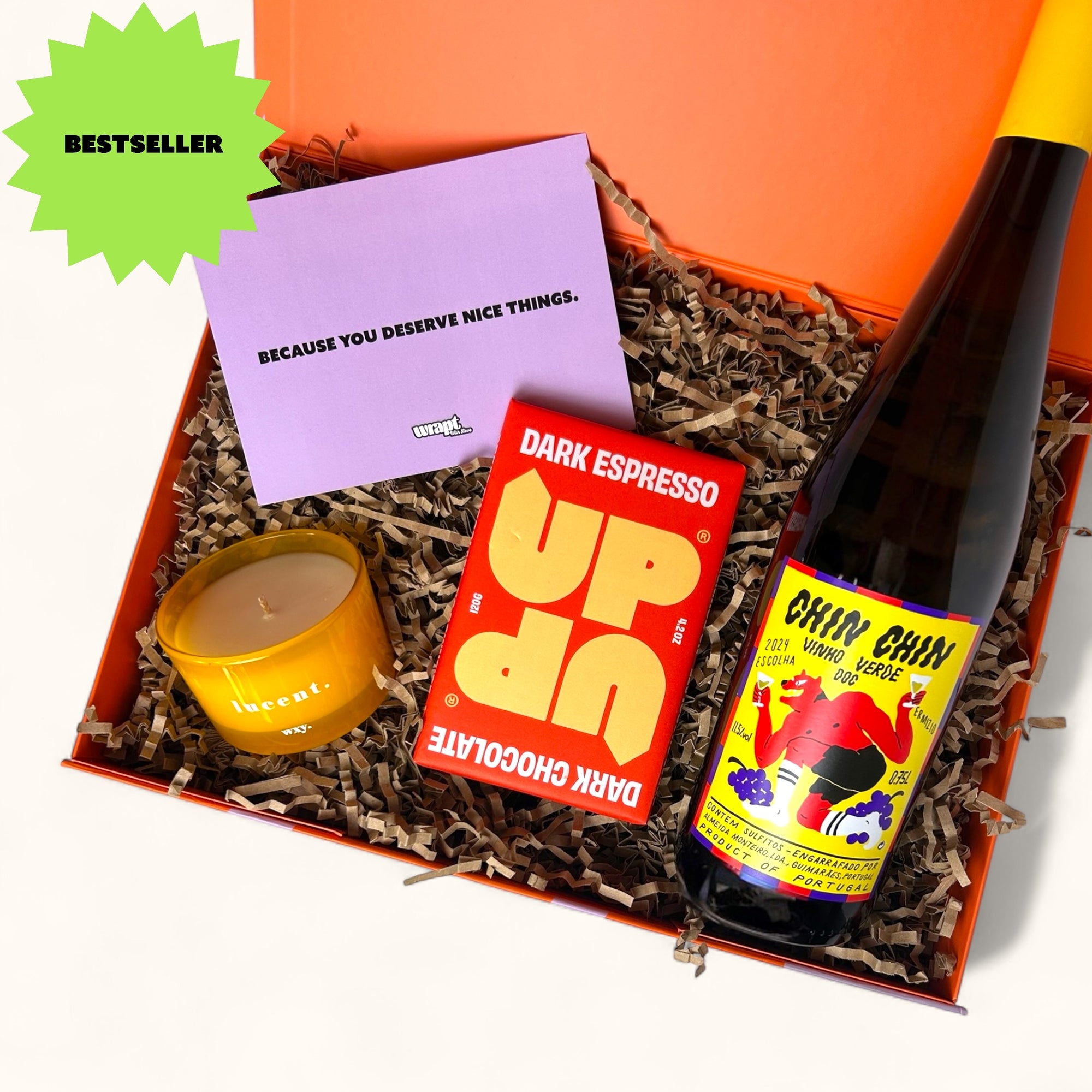Ready to go gift box with wine, chocolate and scented candle