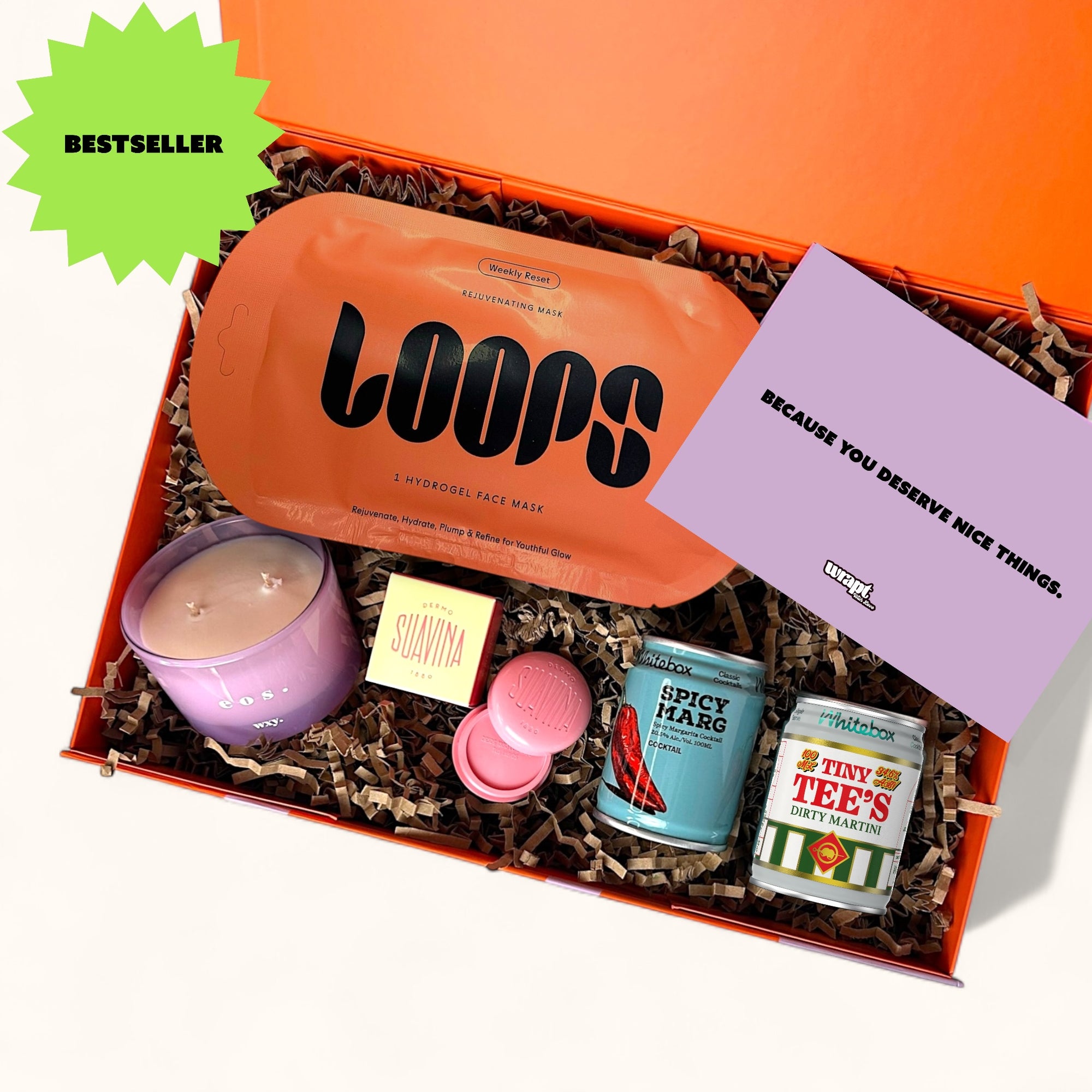 Ready to go gift box with face mask, lip balm, cocktails and scented candle
