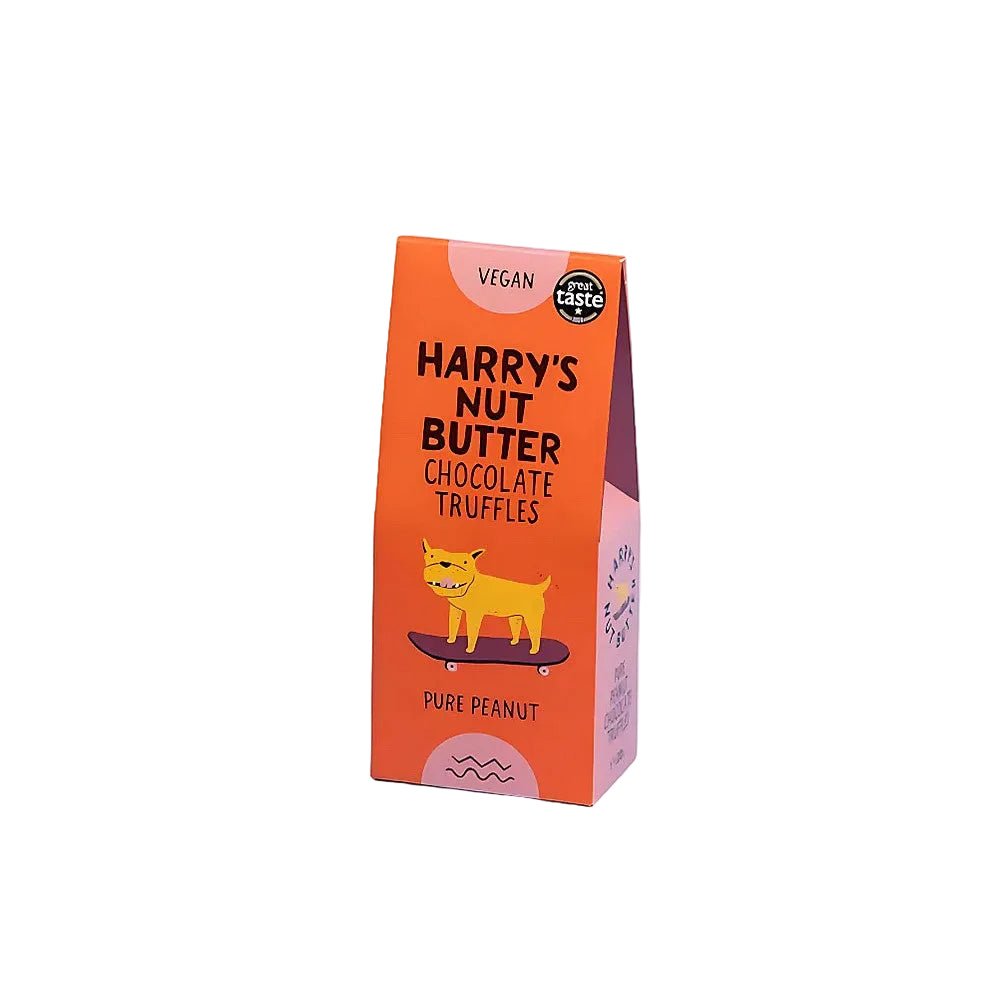 Orange packaging of Harry's Nut Butter Chocolate Truffles on a white background
