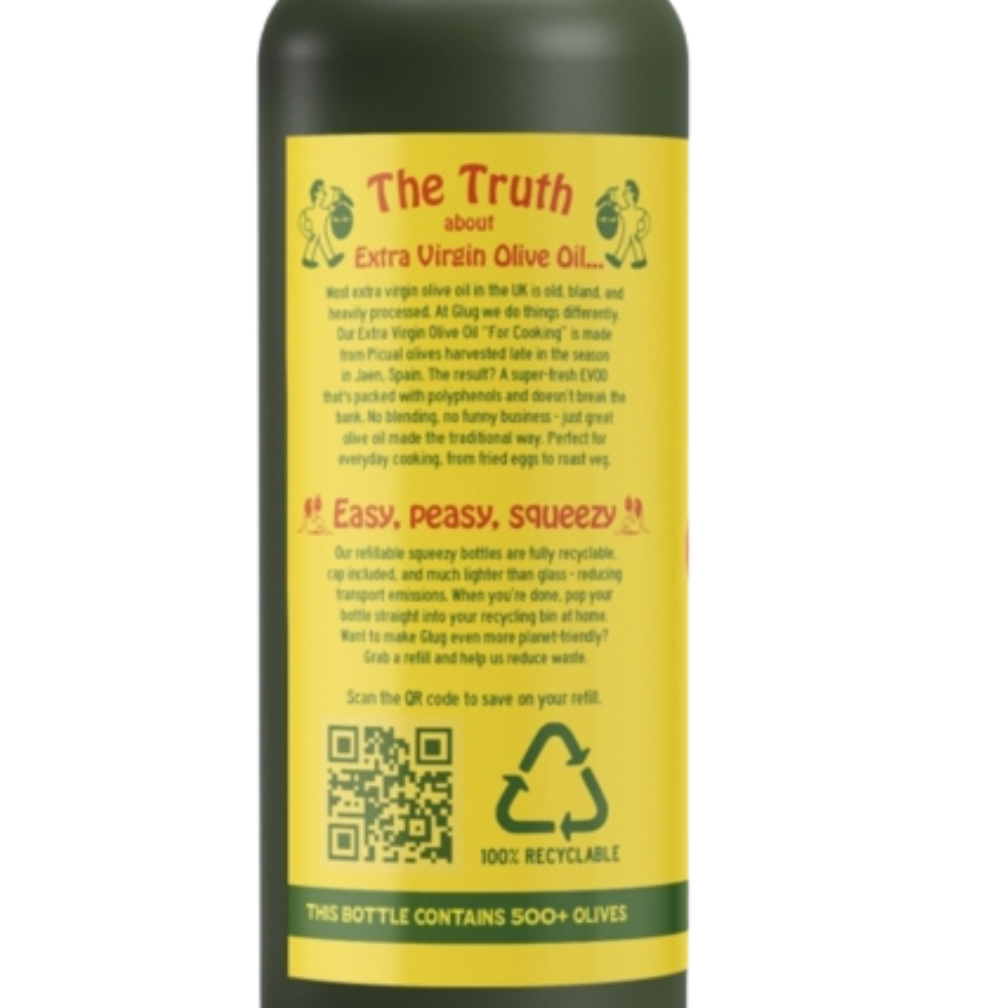 Bottle of extra virgin olive oil with a yellow label on a white background