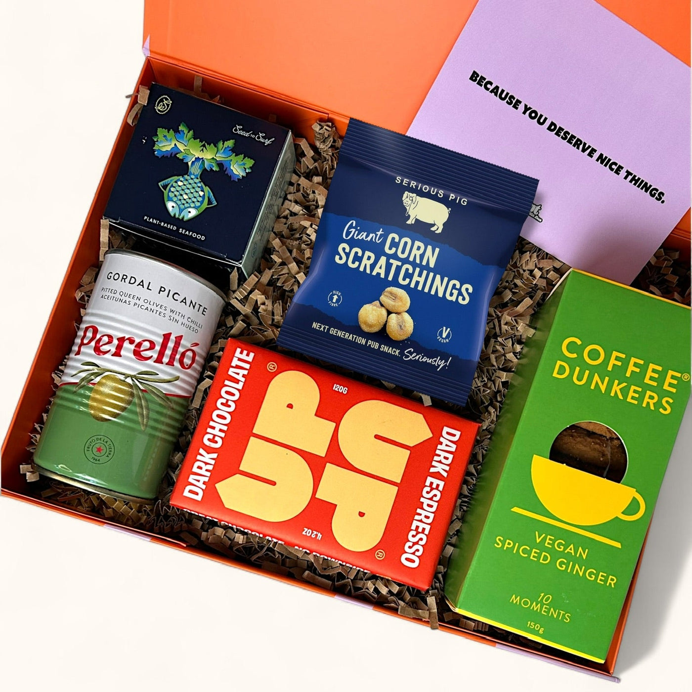 Vegan Vibes Only gift box – plant-based seafood, olives, snacks & chocolate, modern vegan hamper UK