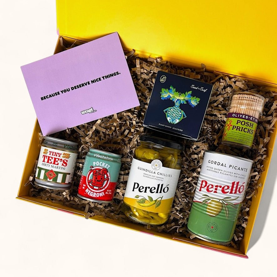Ready to go vega tapas gift box with vegan snacks and mini cocktails
