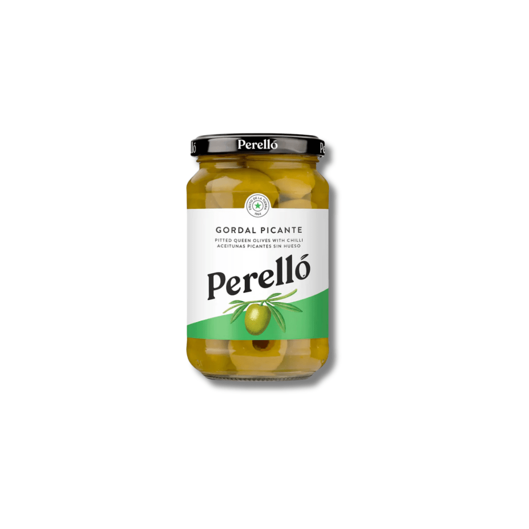 Jar of Perello olives on a white background