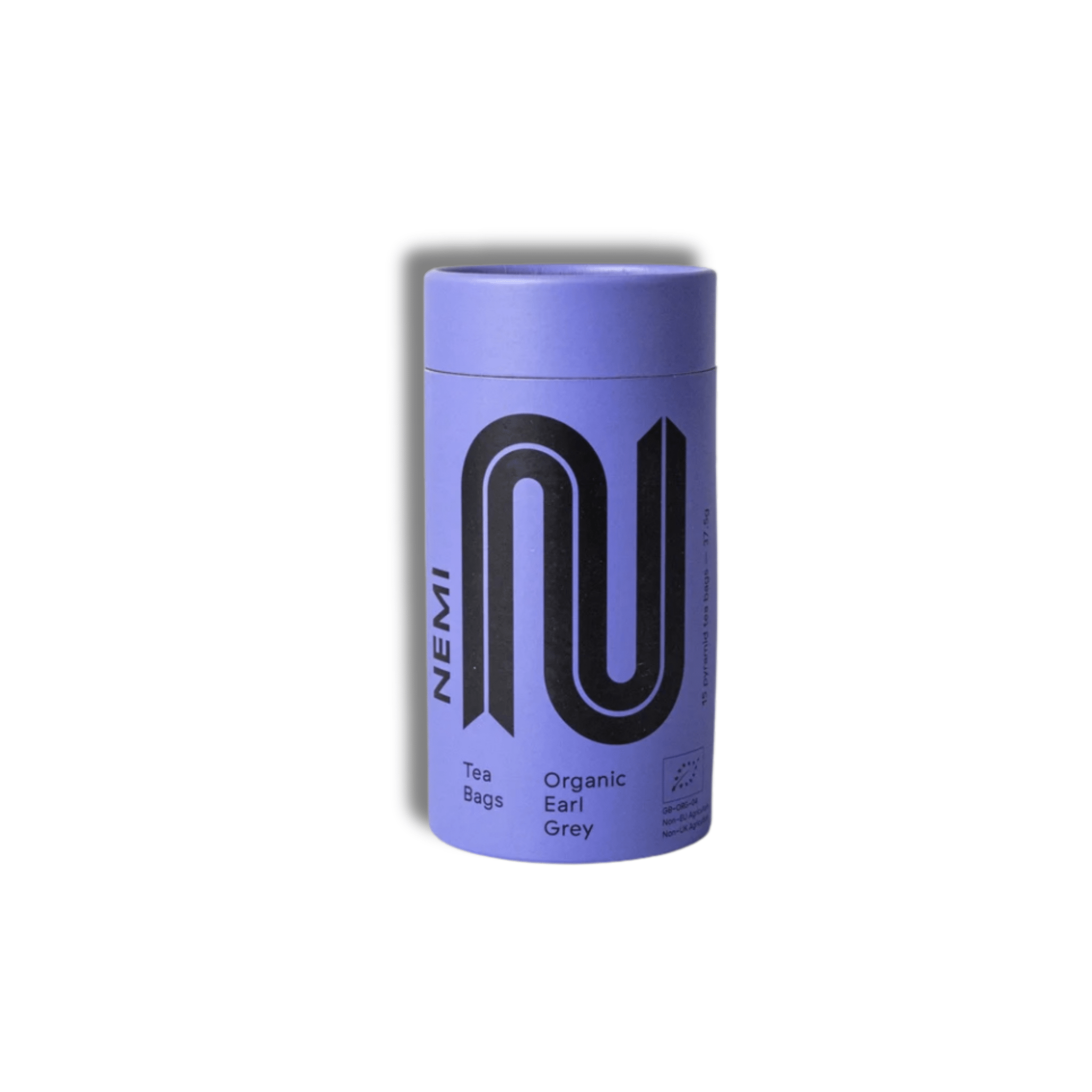 Purple cylindrical container of Nemi Organic Earl Grey tea on a white background