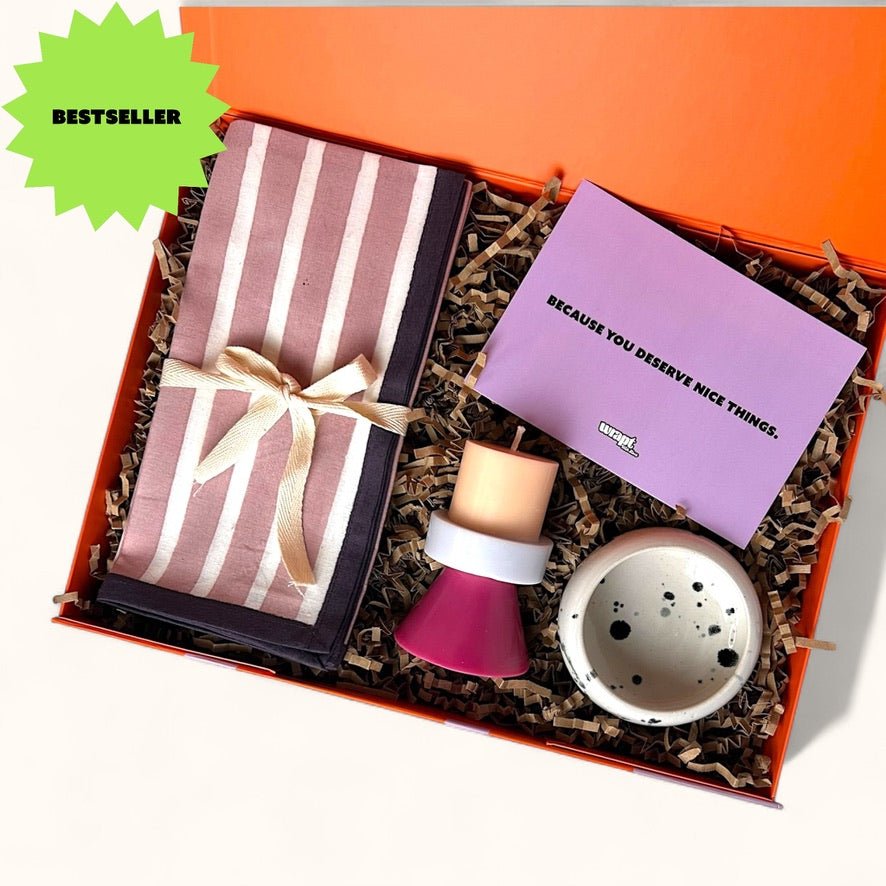 Table Manners Purple gift box – striped napkins, stack candle & handmade pinch pot, modern tablescape gift UK