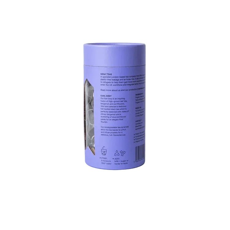 Purple cylindrical container with text and images on a white background