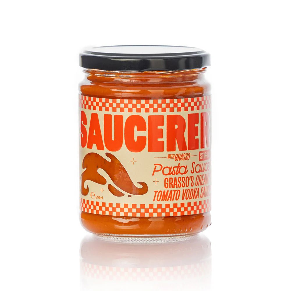 Jar of pasta sauce with a checkered label on a white background