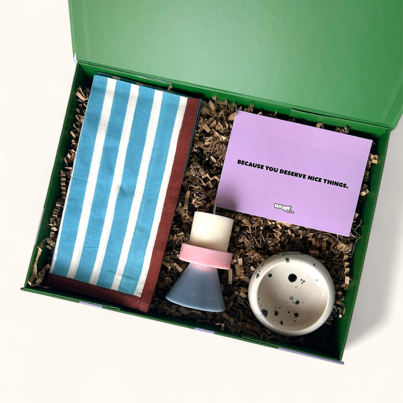 Table Manners Blue gift box – striped napkins, stack candle & handmade pinch pot, modern housewarming gift UK