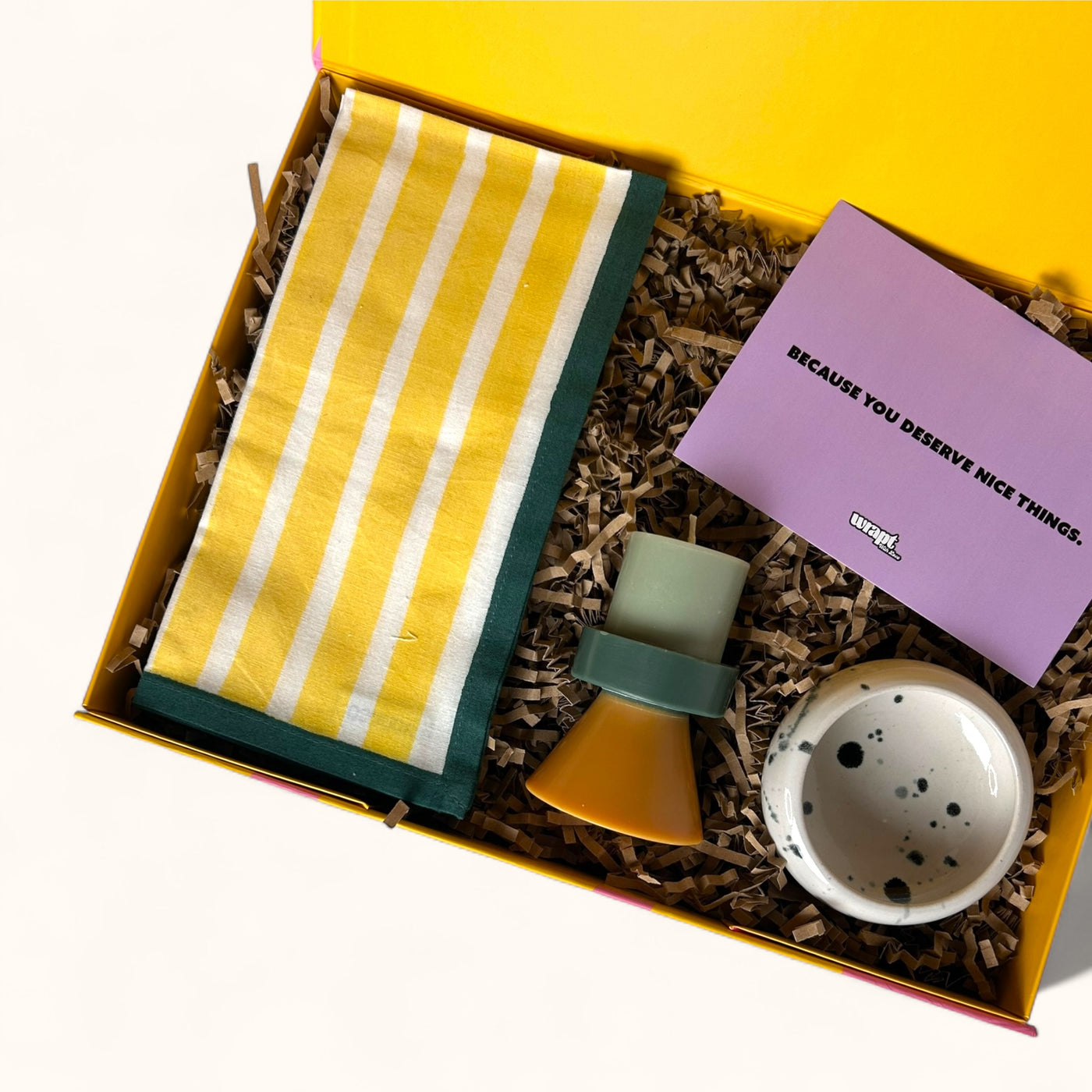 Table Manners Yellow gift box – striped napkins, stack candle & pinch pot, colourful tablescape gift UK