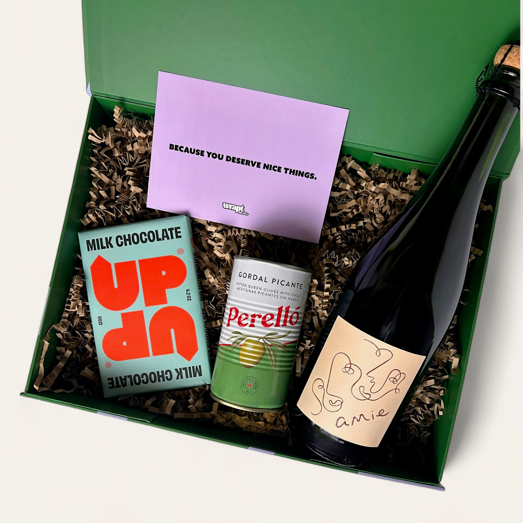 Same Time Next Year gift box – wine, chocolate, candle & masks, modern anniversary gift UK