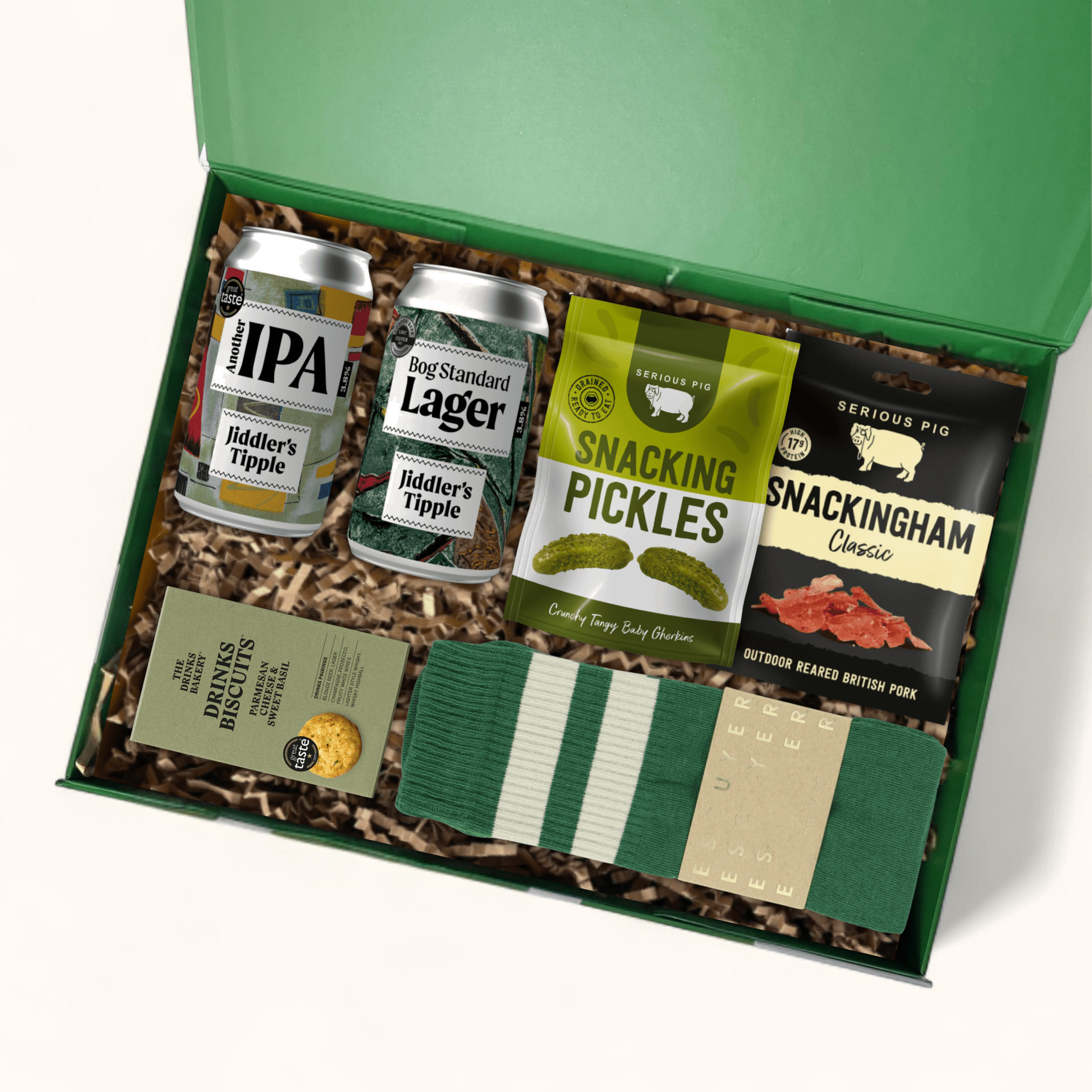 Ready to go gift box for men and women with socks, beer and snacks