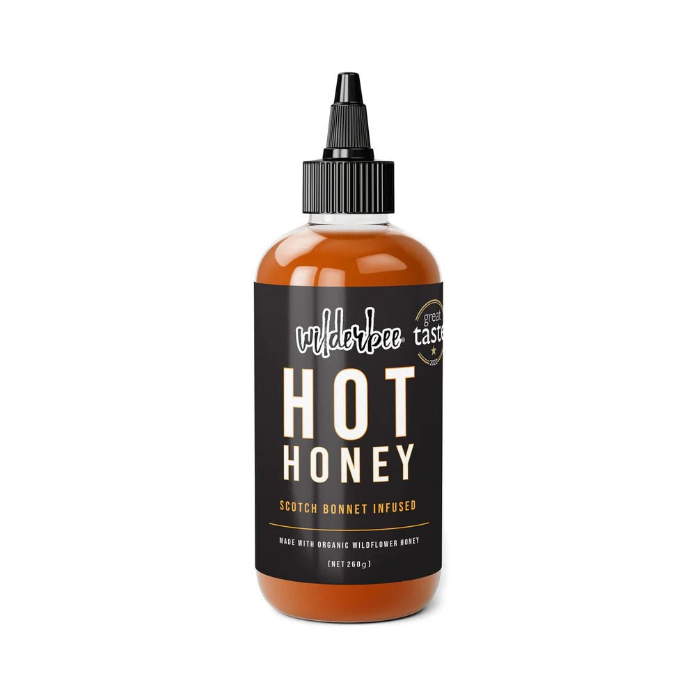 Bottle of wilderbee hot honey on a white background