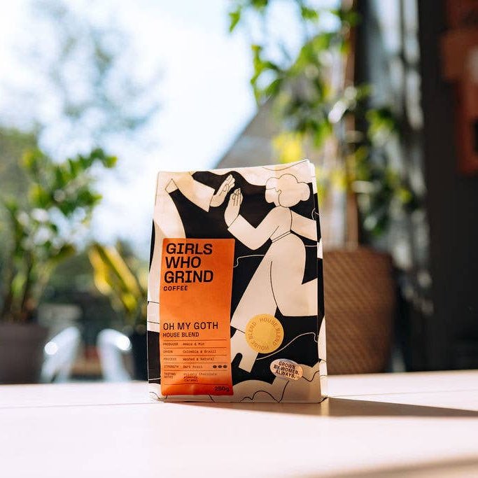 Coffee, Oh My Goth blend, dark roast, Brazil & Colombia.