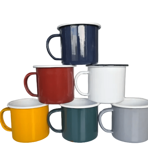 Stack of colorful enamel mugs on a white background