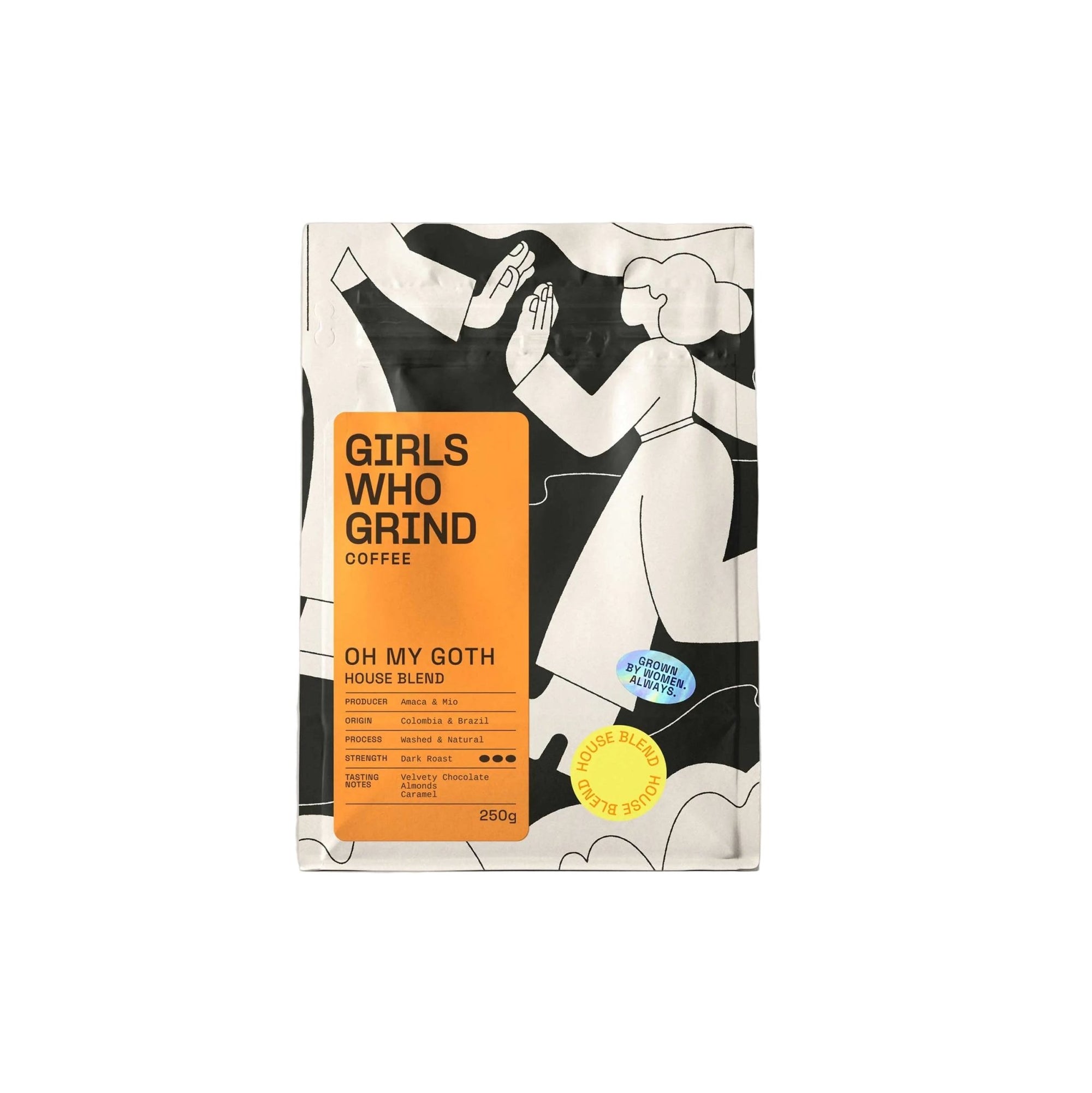 Coffee package with 'Girls Who Grind' branding on a gray background