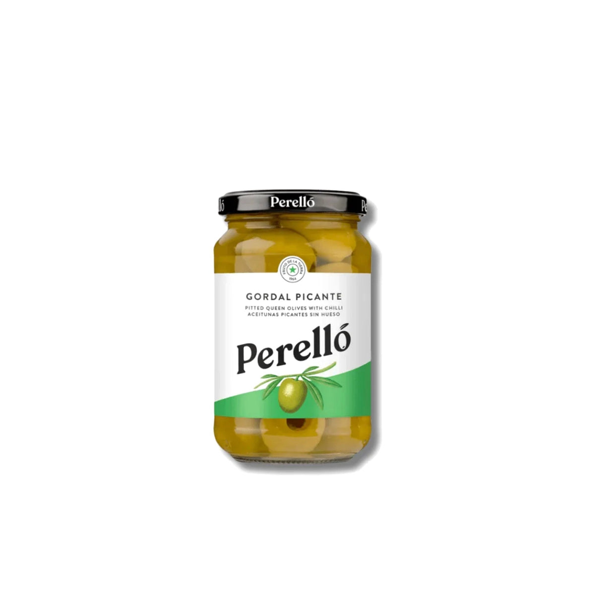 Jar of Perello olives on a white background